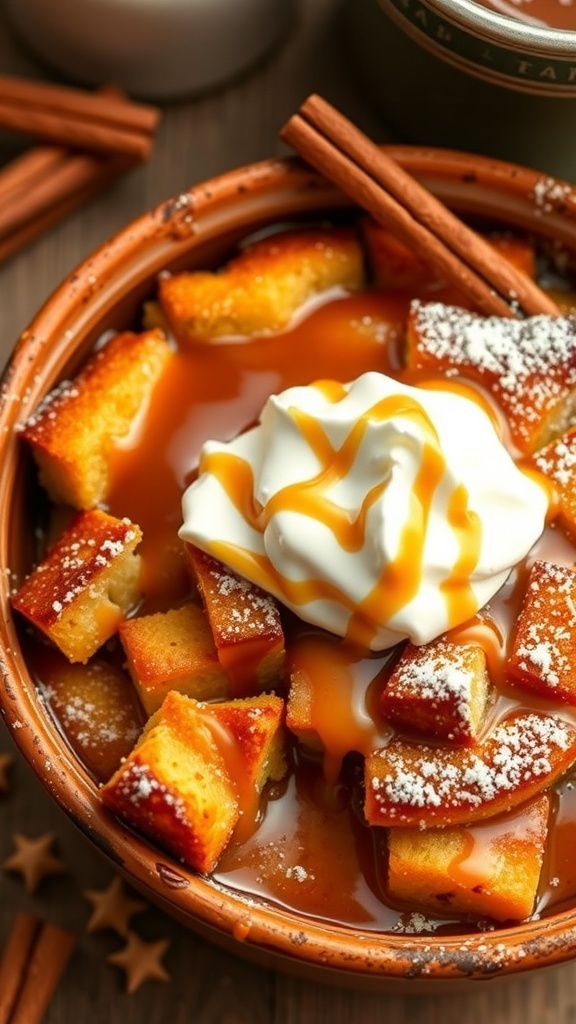 A warm bread pudding topped with whipped cream and caramel sauce in a rustic dish.
